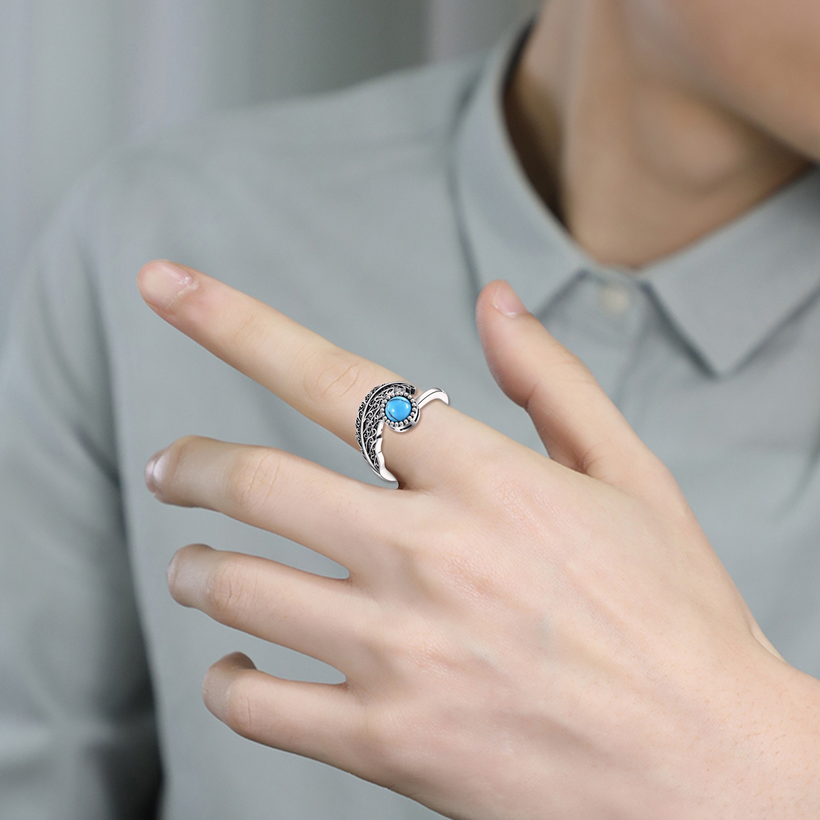 Feather Anxiety Fidget Rings 925 Sterling Silver Adjustable Turquoise Ring